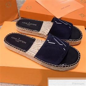 Louis Vuitton Seashore Oversize LV Flat Espadrilles Slide Sandals Dark Blue 2019 (HQG-9051602)