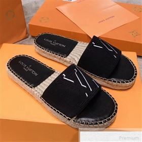 Louis Vuitton Seashore Oversize LV Flat Espadrilles Slide Sandals Black 2019 (HQG-9051604)