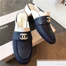 Chanel Quilted Leather Loafers Mules G34427 Navy Blue/White 2019 (EM-9051517)