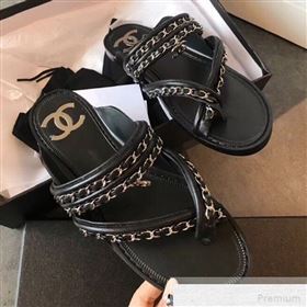 Chanel Flat Chain Leather Thong Sandals Black 2019 (EM-9051533)