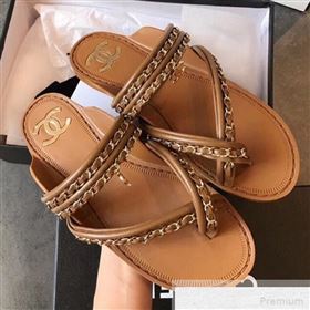 Chanel Flat Chain Leather Thong Sandals Brown 2019 (EM-9051534)