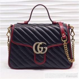 Gucci GG Diagonal Marmont Leather Small Top Handle Bag 498110 Black/Red 2019 (MINGH-9061108)