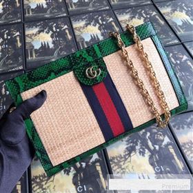 Gucci Ophidia Straw Small Shoulder Bag with Snakeskin Trim Beige/Green 2019 (DLH-9061111)