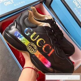 Gucci Rhyton Leather Sneakers with Gucci Logo 552851 Black 2019(For Women and Men) (EM-9061249)