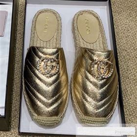 Gucci Chevron Lambskin Espadrille Slipper Mules with Double Crystal G Gold Yellow 2019 (HANB-9061271)