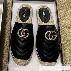 Gucci Chevron Lambskin Espadrille Slipper Mules with Double Crystal G Black 2019 (HANB-9061272)