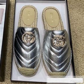 Gucci Chevron Lambskin Espadrille Slipper Mules with Double Crystal G Silver 2019 (HANB-9061273)