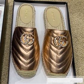 Gucci Chevron Lambskin Espadrille Slipper Mules with Double Crystal G Bronze Gold 2019 (HANB-9061274)