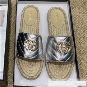 Gucci Chevron Lambskin Espadrille Slide Sandals with Double Crystal G Silver 2019 (HANB-9061277)
