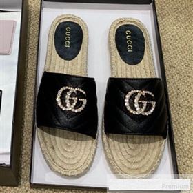 Gucci Chevron Lambskin Espadrille Slide Sandals with Double Crystal G Black 2019 (HANB-9061276)