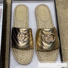 Gucci Chevron Lambskin Espadrille Slide Sandals with Double Crystal G Gold Yellow 2019 (HANB-9061275)