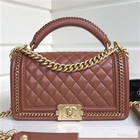 Chanel Chain Trim Quilted Leather Classic Medium Boy Flap Top Handle Bag Brown 2019 (YD-9061463)