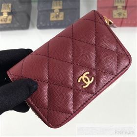 chaneI Quilted Grained Calfskin Classic Zipped Card Holder A84511 Burgundy (HOT-9061466)