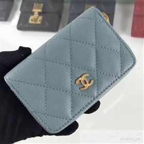 Chanel Quilted Grained Calfskin Classic Zipped Card Holder A84511 Light Blue (HOT-9061468)