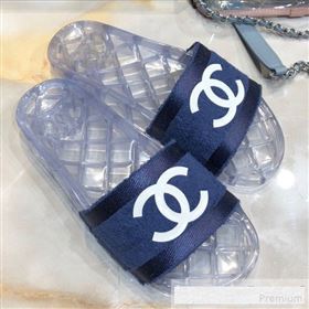 Chanel Flat PVC Sole CC Toweling Slide Sandals Blue 2019 (ANDI-9061307)