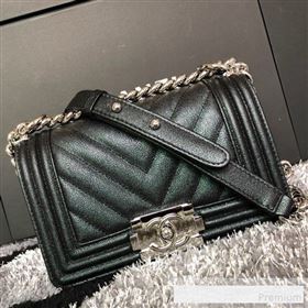 Chanel Iridescent Chevron Grained Leather Classic Small Boy Flap Bag Black/Silver 2019 (FM-9061516)