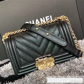 Chanel Iridescent Chevron Grained Leather Classic Small Boy Flap Bag Black/Gold 2019 (FM-9061517)