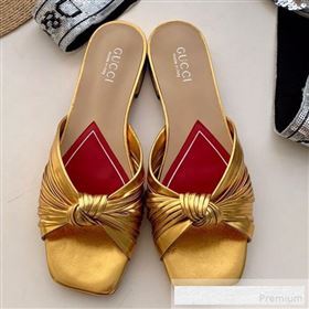 Gucci Twist Knot Metallic Leather Flat Slide Sandal ‎577231 Gold 2019 (SS-9062139)