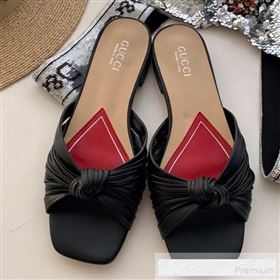 Gucci Twist Knot Leather Flat Slide Sandal ‎577231 Black 2019 (SS-9062142)