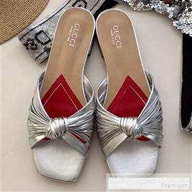 Gucci Twist Knot Metallic Leather Flat Slide Sandal ‎577231 Silver 2019 (SS-9062141)