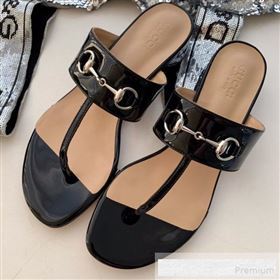 Gucci Horsebit Patent Leather Flat Thong Sandal Black 2019 (SS-9062145)