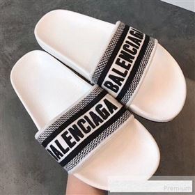 Balenciaga Embroidered Balenciaga Logo Flat Pool Slide Sandals White 2019(For Women and Men) (EM-9061876)