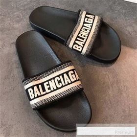 Balenciaga Embroidered Balenciaga Logo Flat Pool Slide Sandals Black 2019(For Women and Men) (EM-9061877)