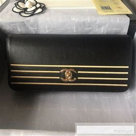 Chanel Grained Calfskin Stripes Long Flap Clutch Black 2019 (SSZ-9062403)