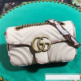 Gucci GG Marmont Raffia Mini Shoulder Bag ‎with Snakeskin Trim ‎446744 White/Brown 2019 (BLWX-9062428)