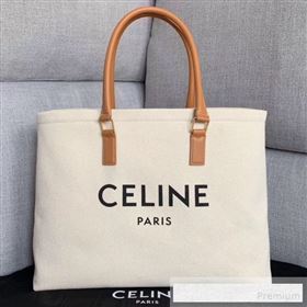 Celine Horizontal Cabas Canvas Tote with Celine Print and Calfskin Natural White/Tan 2019 (JDD-9062801)