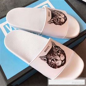 Gucci Flat Slide Sandals with Mystic Cat Print White 2019 (EM-9062808)