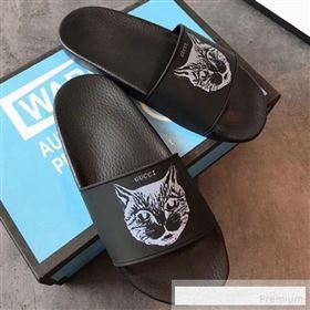 Gucci Flat Slide Sandals with Mystic Cat Print Black 2019 (EM-9062812)
