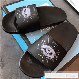Gucci Flat Slide Sandals with Shining Eye Print Black 2019 (EM-9062813)