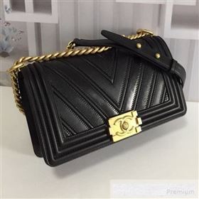 Chanel Chevron Patchwork Calfskin Medium Classic Boy Flap Bag Black 2019 (FM-9062664)