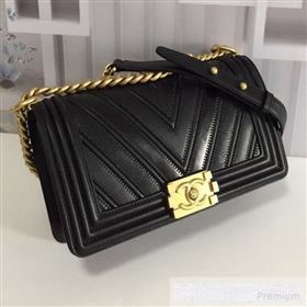 Chanel Chevron Patchwork Calfskin Medium Classic Boy Flap Bag Black 2019 (FM-9062664)