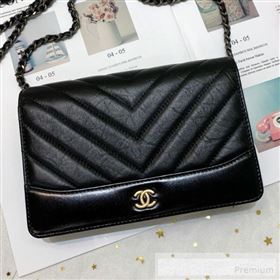 Chanel Chevron Crinkled Calfskin Gabrielle Wallet on Chain WOC Bag A86025 Black (SSZ-9062667)