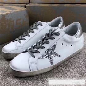 Golden Goose GGDB Calfskin Leather Star Sneaker White/Silver Sequins/Silver Tail (For Women and Men) (2081-9062876)