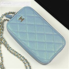 Chanel Iridescent Grained Quilted Calfskin Long Clutch with Chain Light Blue 2019 (FM-9070105)