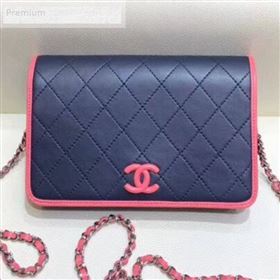 Chanel Contrasting Trim Quilted Lambskin Flap Wallet on Chain WOC AP0059 Dark Blue/Pink 2019 (SMJD-9070121)