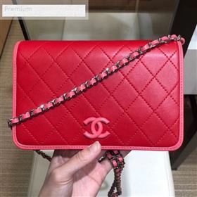 Chanel Contrasting Trim Quilted Lambskin Flap Wallet on Chain WOC AP0059 Red/Pink 2019 (SMJD-9070122)