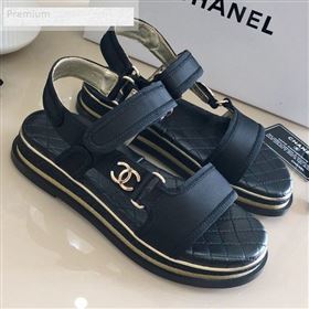 Chanel CC Buckle Side Silk Flat Sandals Black 2019 (DLY-9070424)