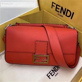 Fendi Litchi Grained Calfskin Large Baguette Flap Shoulder Bag Orange Red 2019 (AFEI-9070239)