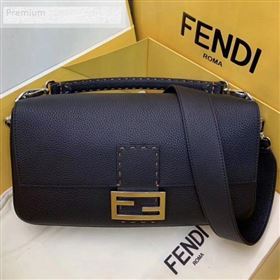 Fendi Litchi Grained Calfskin Large Baguette Flap Shoulder Bag Black 2019 (AFEI-9070240)