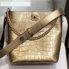 Chanel Crocodile Embossed Leather Bucket Bag with Button Side AS0666 Gold 2019 (SMJD-9070621)