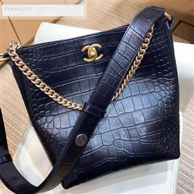 Chanel Crocodile Embossed Leather Bucket Bag with Button Side AS0666 Black 2019 (SMJD-9070622)