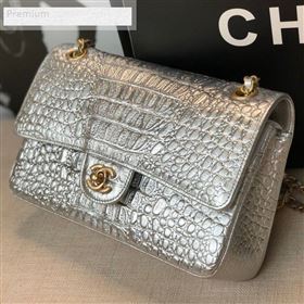 Chanel Metallic Crocodile Embossed Calfskin Medium Classic Flap Bag A01112 Silver 2019 (FM-9070636)