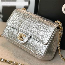 Chanel Metallic Crocodile Embossed Calfskin Small Classic Flap Bag A01113 Silver 2019 (FM-9070635)