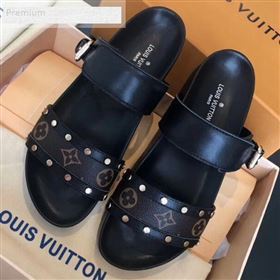 Louis Vuitton Bom Dia Studs Monogram Leather Flat Sandals 1A4WWS Black 2019 (CSBL-9070439)