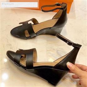 Hermes H Calfskin Mid-Heel Ankle Strap Wedge Sandals Black 2019 (1054-9070427)