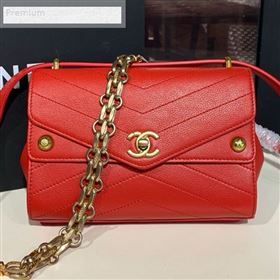 Chanel Chevron Calfskin Studded Charm Small Flap Bag Red 2019 (KAIS-9070814)